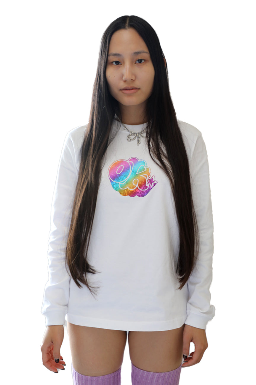 [OK × OC]  RAINBOW FOIL PRINT LONG SLEEVE T-SHIRT (White)